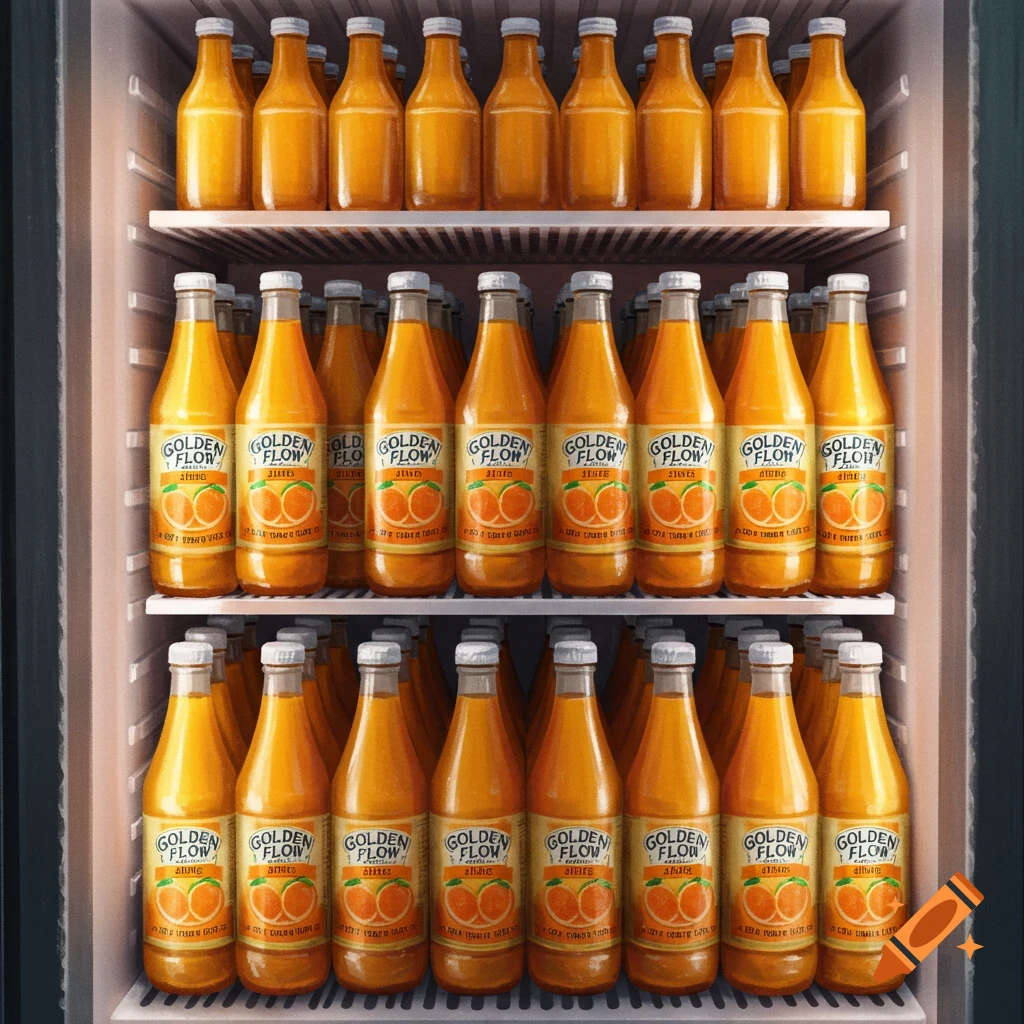 A photorealistic image of an open refrigerator filled with bottles of orange juice on three shelves.
