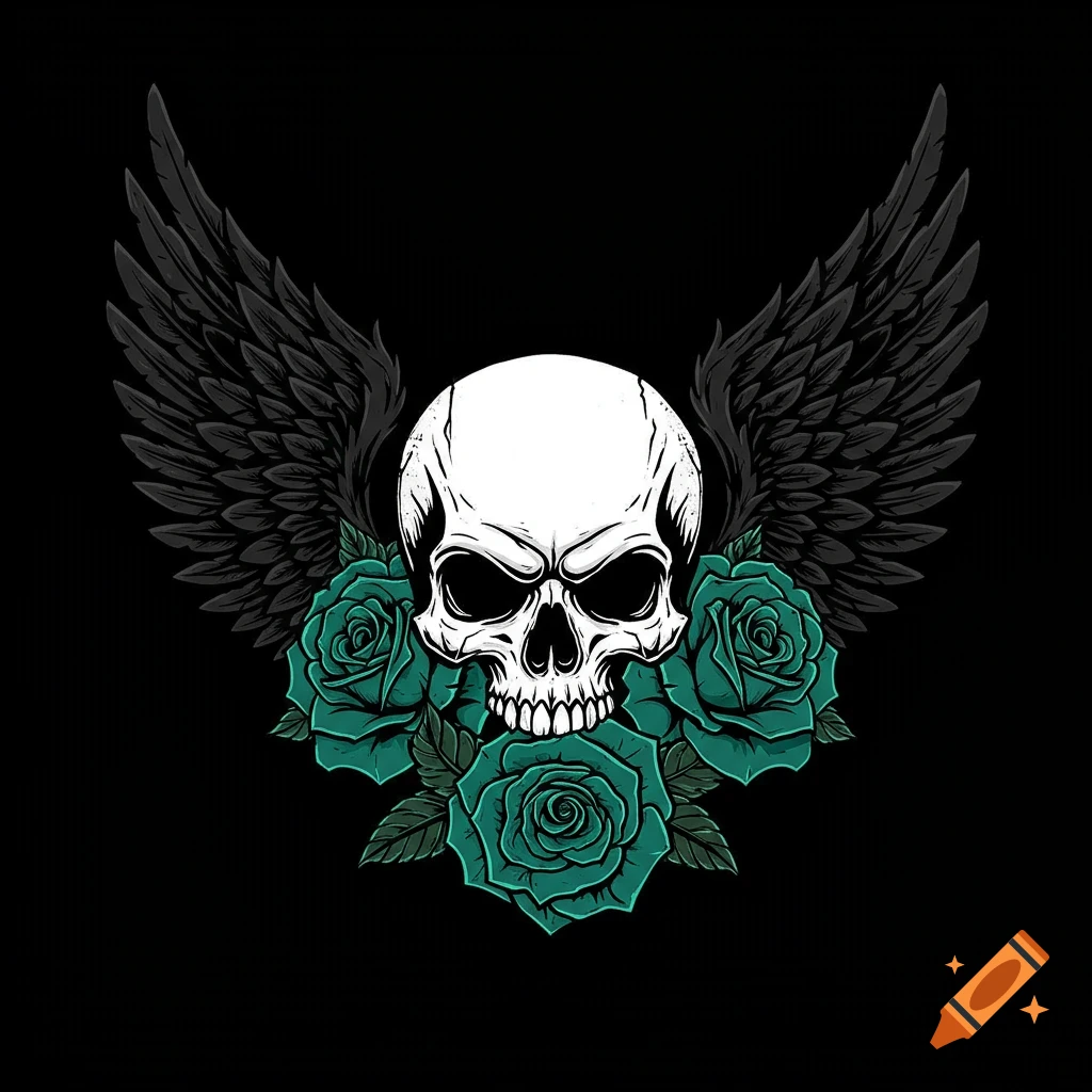 Stylized white skull with black wings and teal roses on a black background.