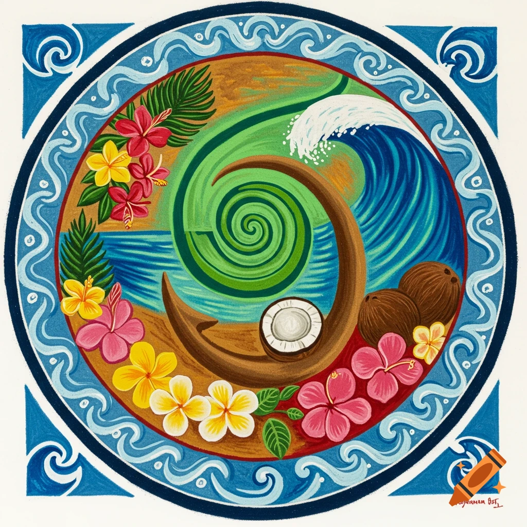 Symmetrical sand art design inspired by Polynesian culture, featuring a curved hook, tropical flowers, coconuts, a spiral, and wave patterns.