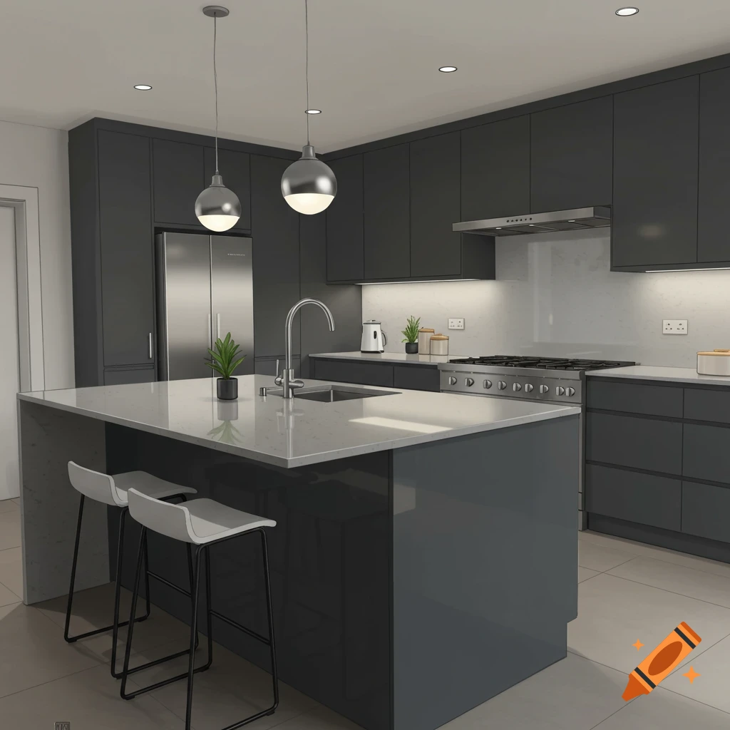 Modern kitchen with a large island, sink, and dark grey cabinets.