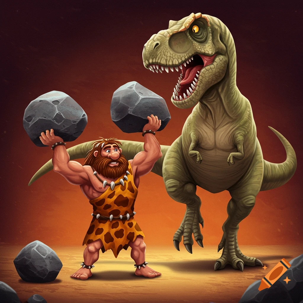 Cartoon caveman lifting rock weights next to a surprised T-Rex