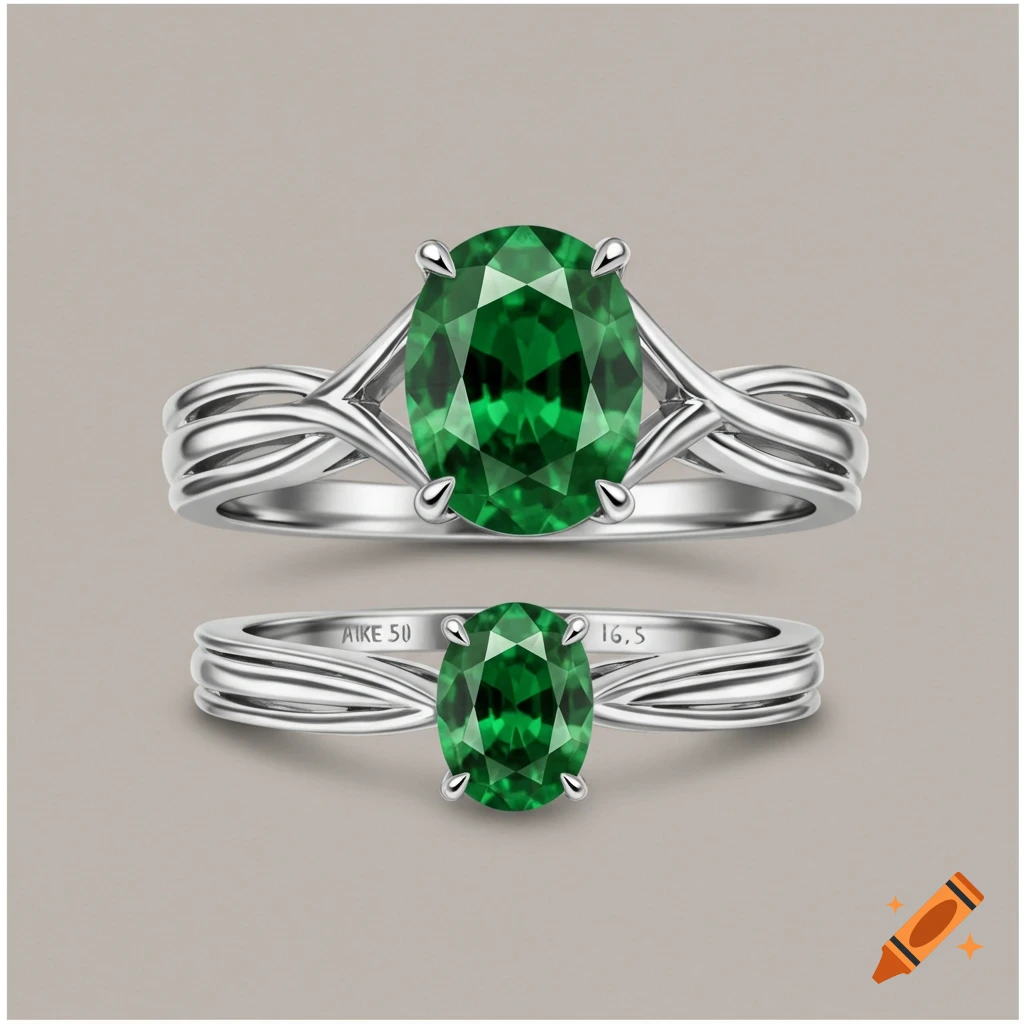A view of two silver rings with large oval green emerald stones, set on a light background.