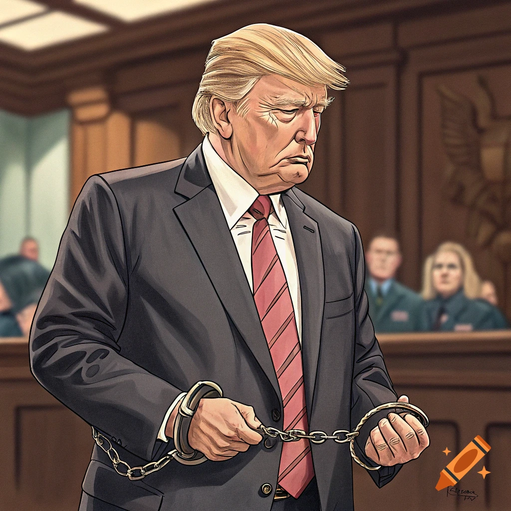Illustration of Donald Trump in handcuffs in a courtroom.