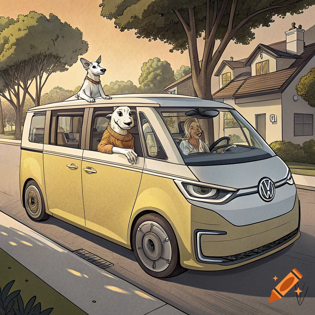 Cartoon illustration of a yellow VW van with two dogs and a driver