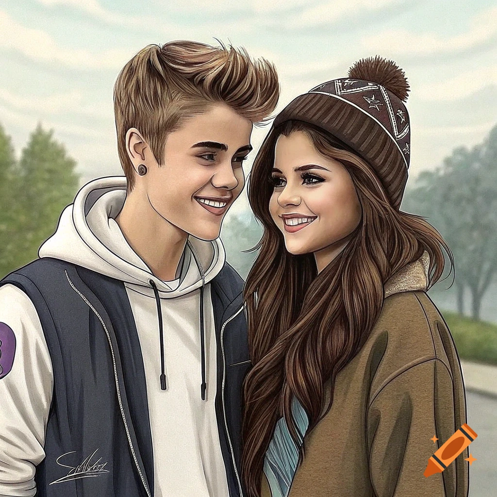 An illustration of a young man and woman smiling at each other outdoors.
