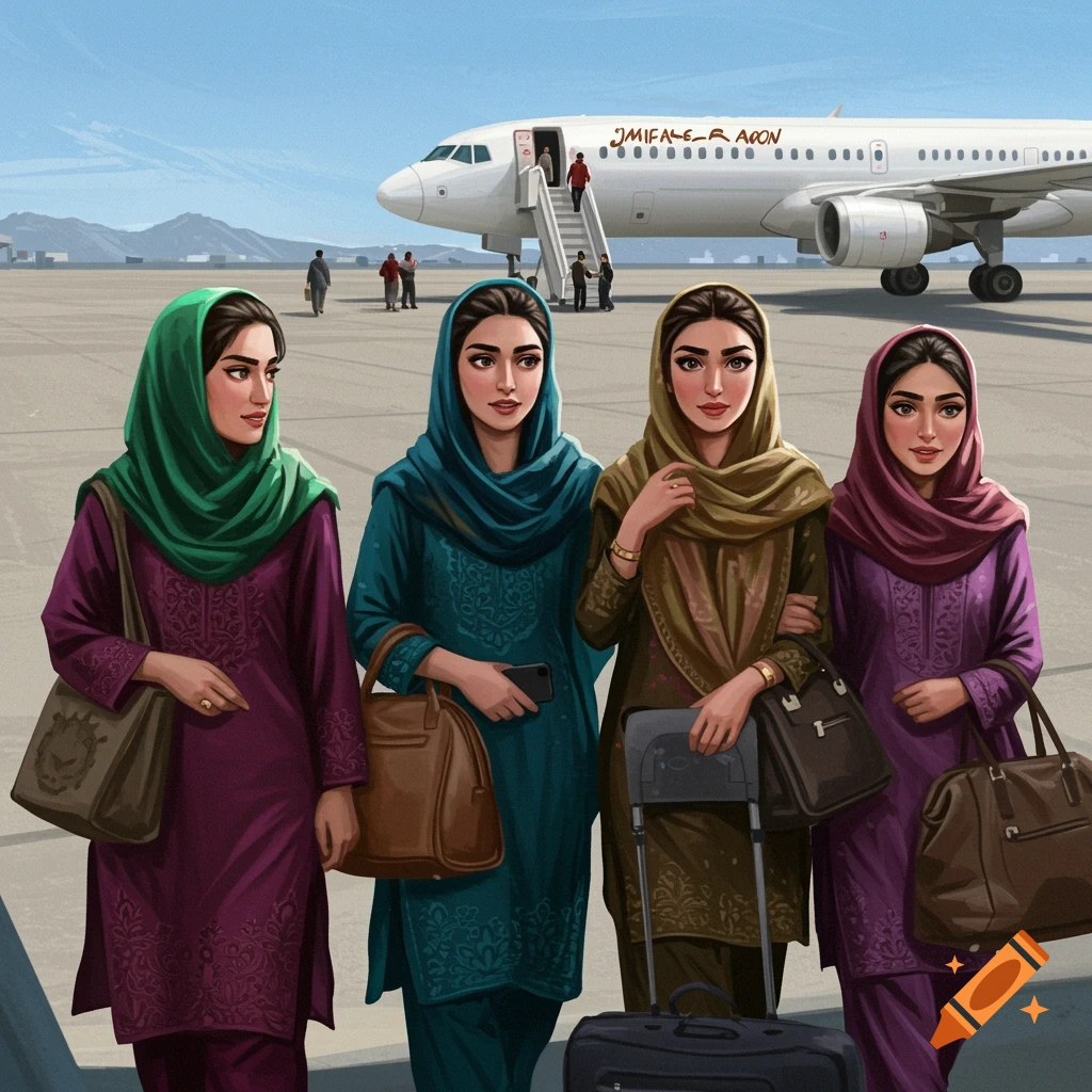 Four women in colorful headscarves and traditional clothing stand on an airport tarmac with an airplane behind them.