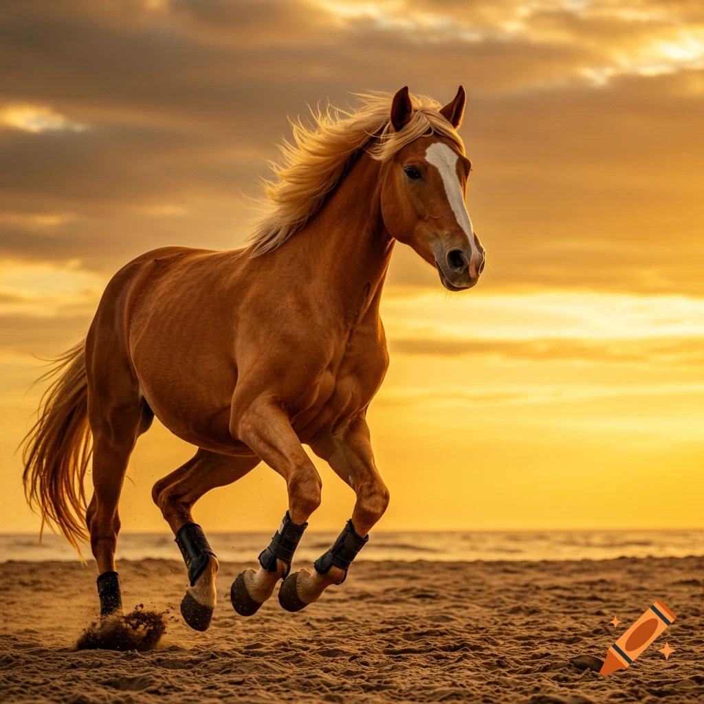 A palomino horse runs along a beach at sunset.