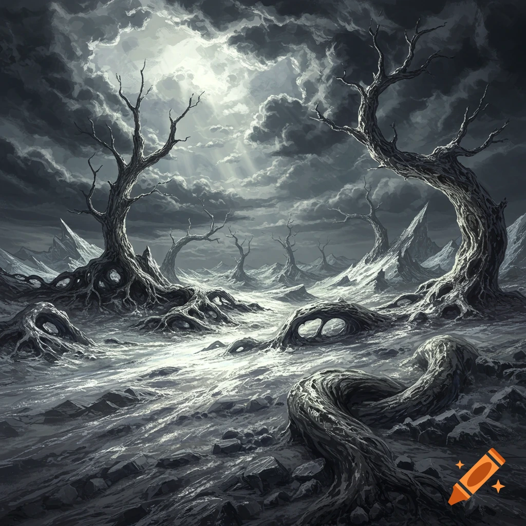 A desolate, grayscale landscape with twisted, bare trees and roots under a stormy sky with light rays breaking through clouds.