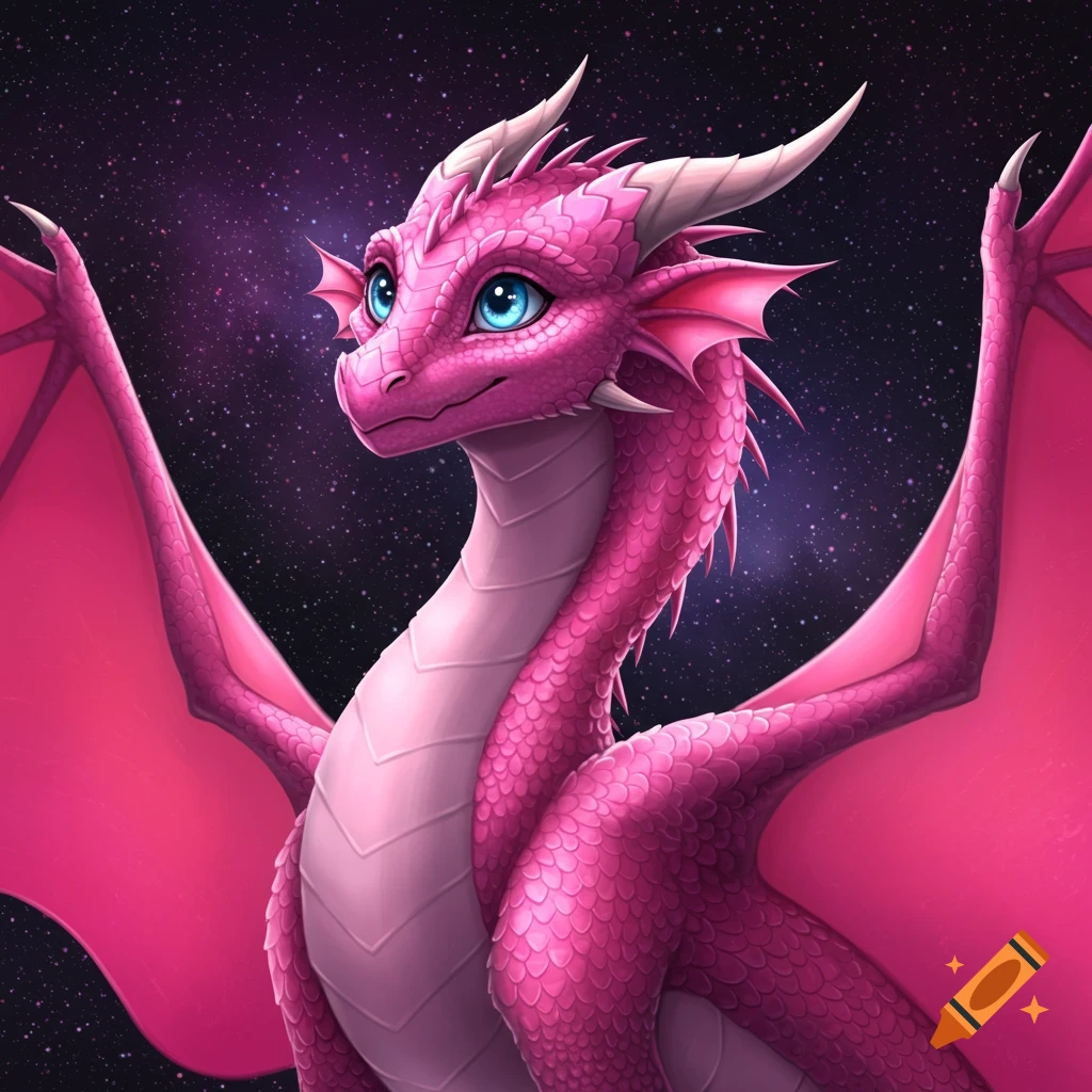 A pink dragon with blue eyes and pink wings against a starry background.