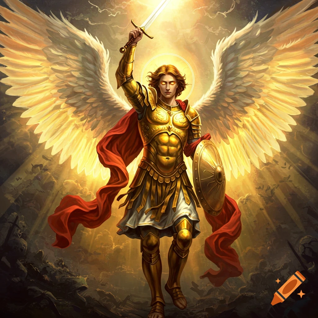 An Archangel in golden armor with large wings stands on a battlefield, holding a glowing sword.