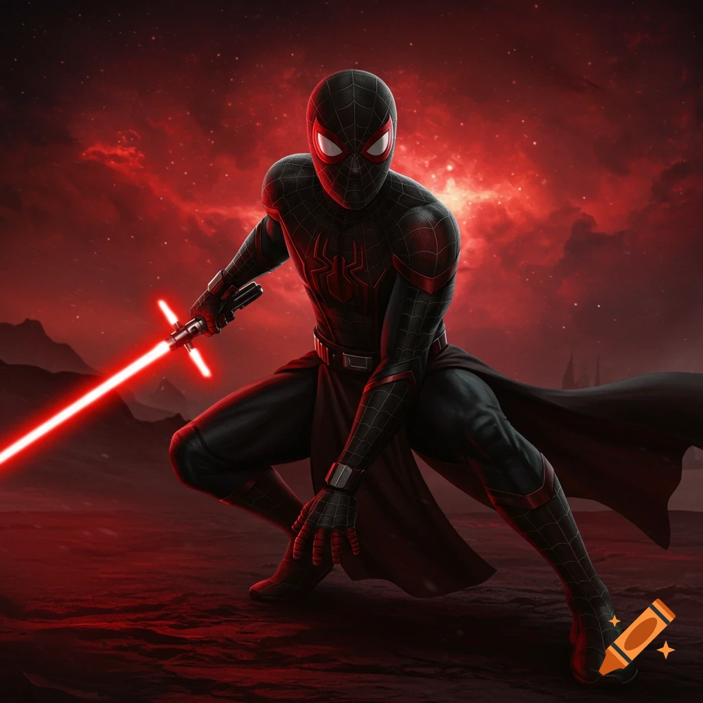Spider-Man character in black suit with red accents crouches holding a red lightsaber under a red sky.
