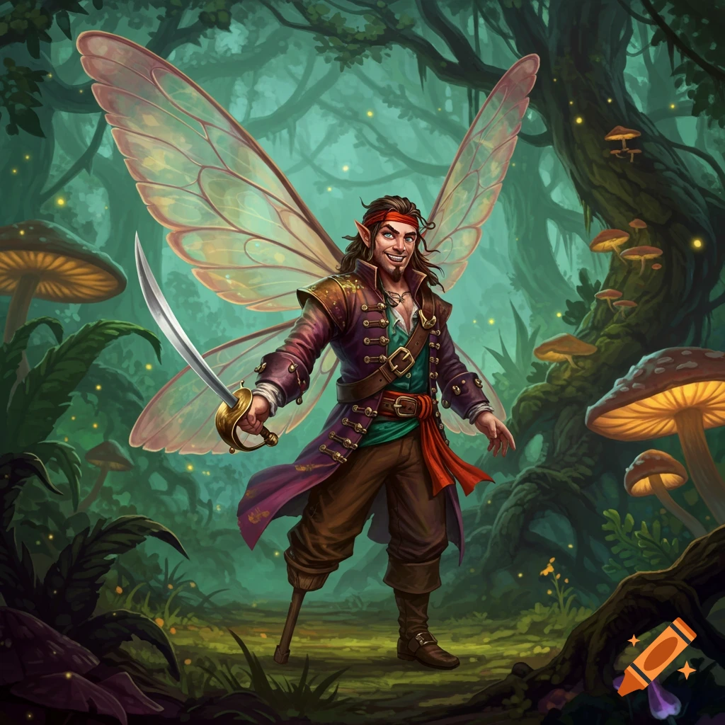 A male pixie pirate with large wings and a peg leg stands in a fantasy forest, holding a sword.