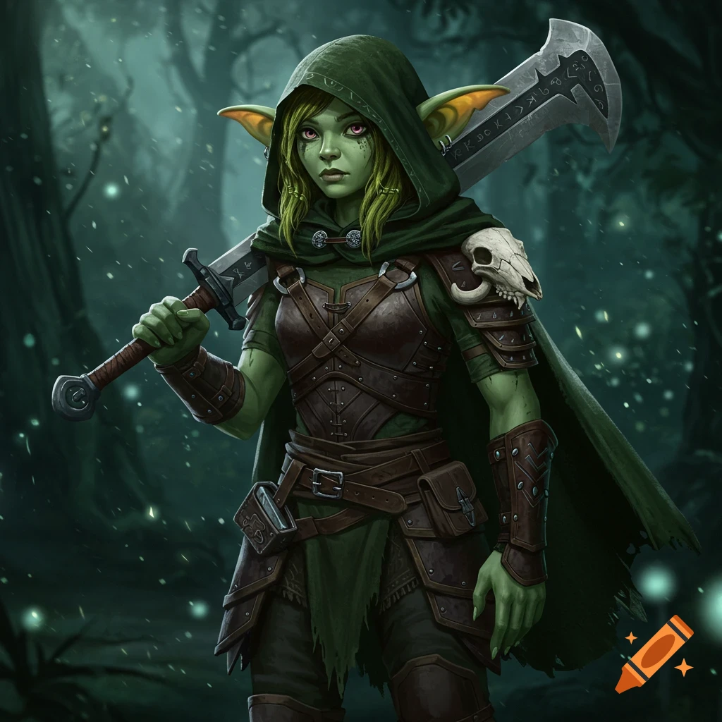 A pale green female goblin warrior in fantasy armor and hooded cloak holds a large broadsword in a forest.