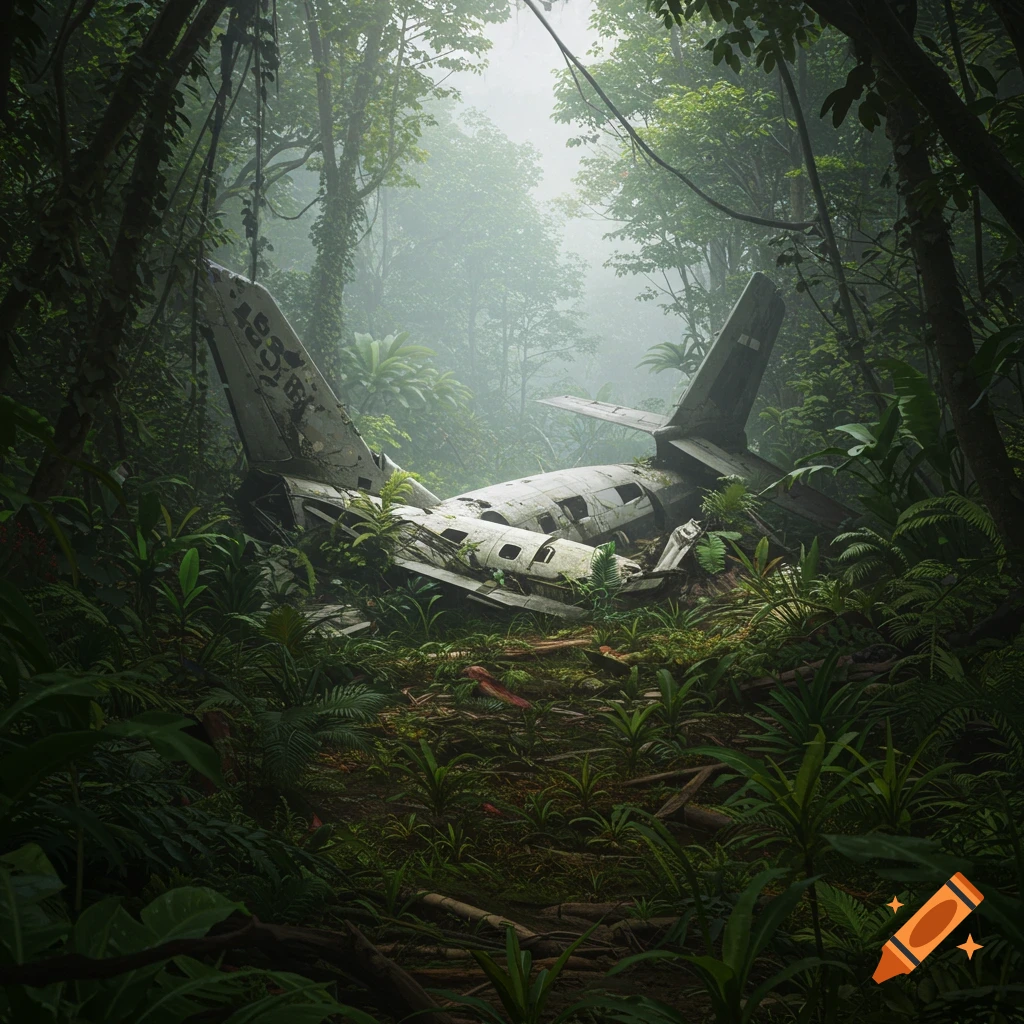 Wrecked airplane overgrown by jungle vegetation, photorealistic