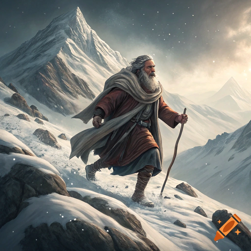 Old man with a beard and staff climbs a snowy mountain slope.