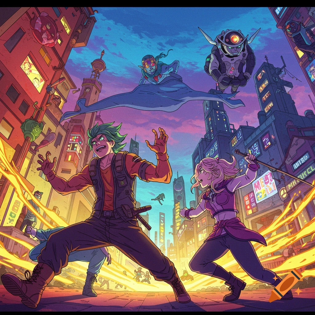 Anime-style characters battling in a futuristic city street at dusk.