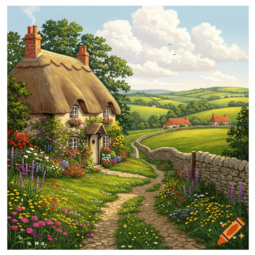 A charming thatched cottage covered in flowers with a stone path leading through a lush garden towards rolling green hills under a blue sky, in a painterly style.
