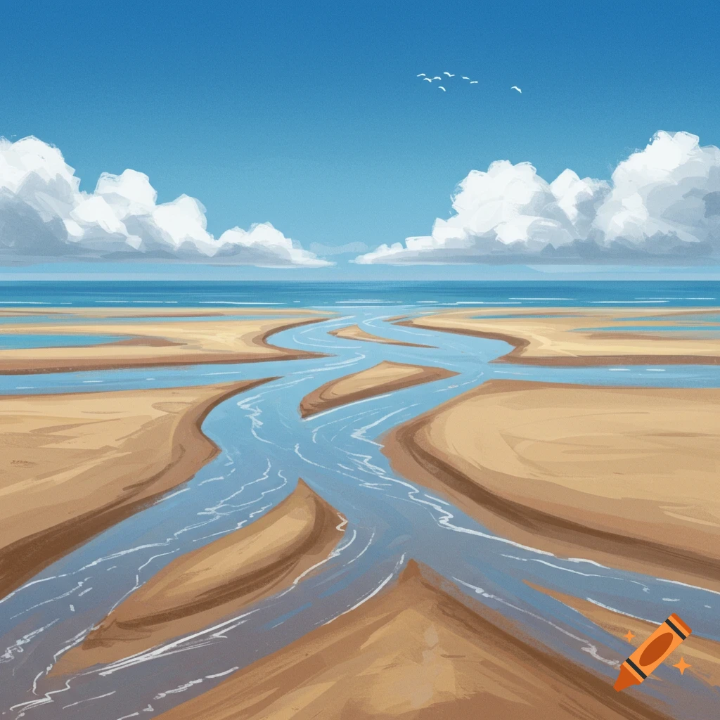 Illustrative landscape showing a river delta branching across a sandy beach towards the ocean under a blue sky with clouds and birds.