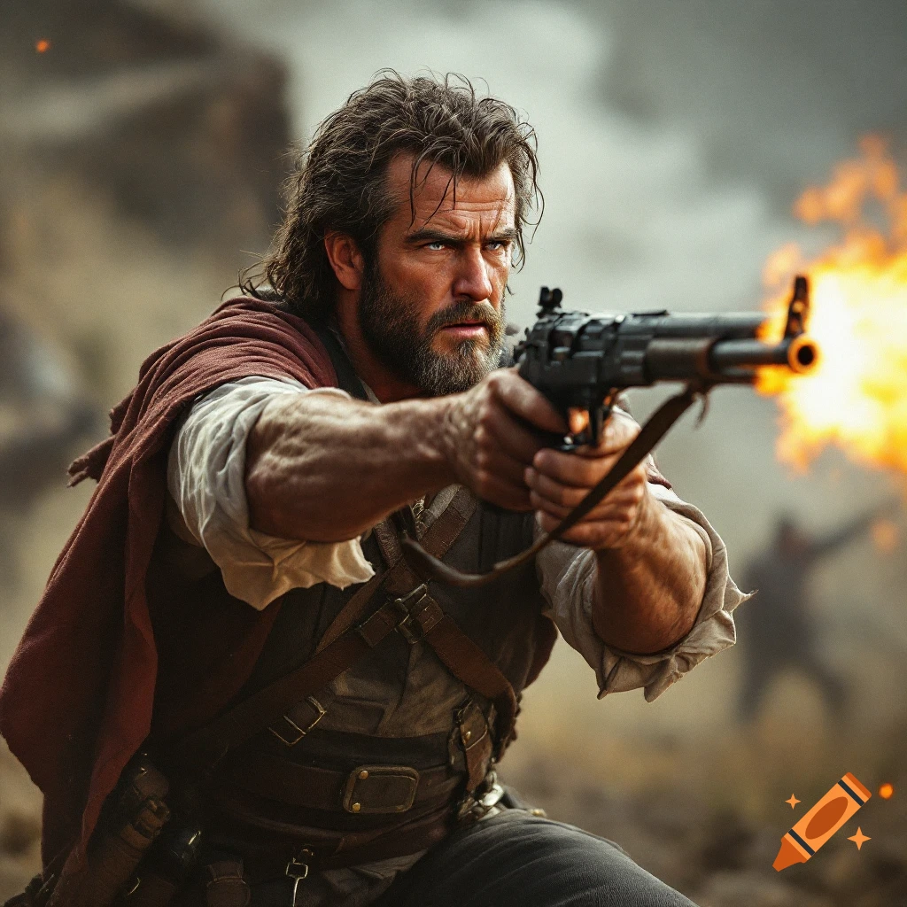 Man in historical attire firing a gun in a dramatic battle scene.