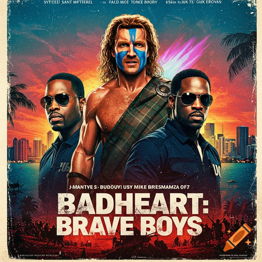 Movie poster featuring three men, one in a kilt, against a backdrop of a city skyline and a battle scene. Text reads 'BADHEART: BRAVE BOYS'.
