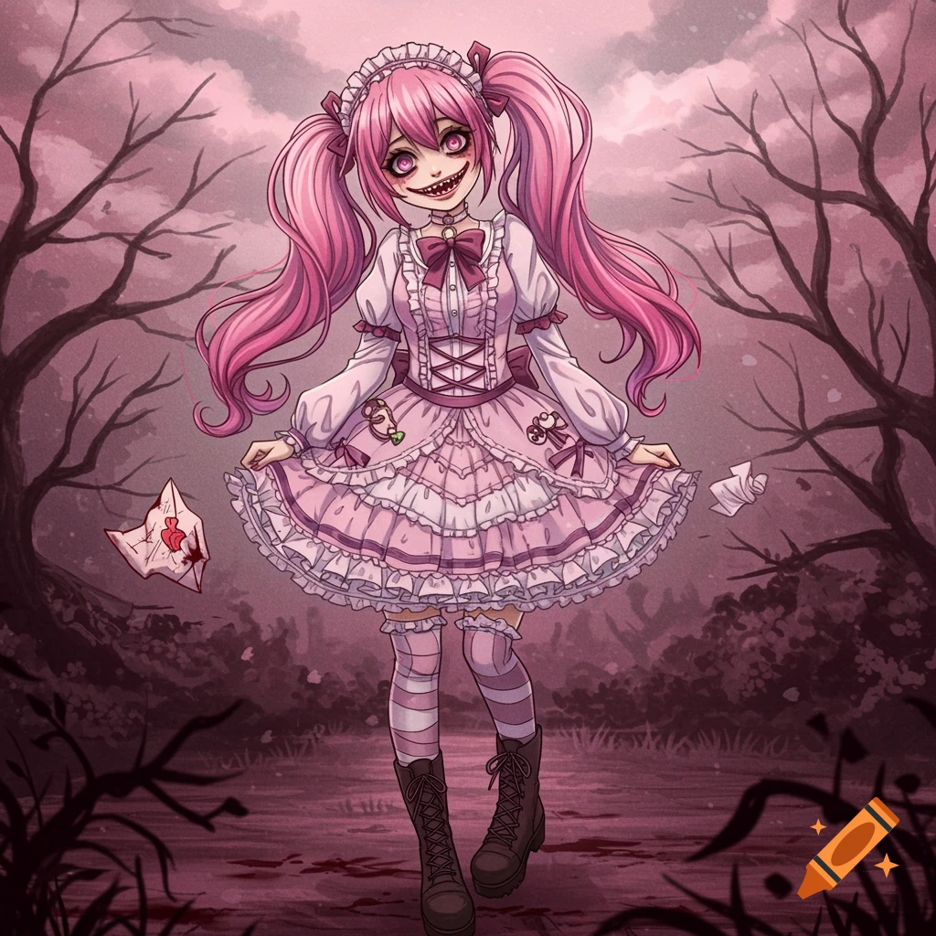 Creepy anime girl in pink dress with sharp teeth and pigtails stands in a gothic forest holding a bloody letter.
