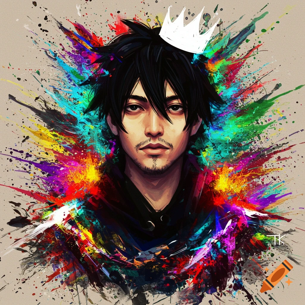 Portrait of a man with a crown on a colorful paint splatter background.