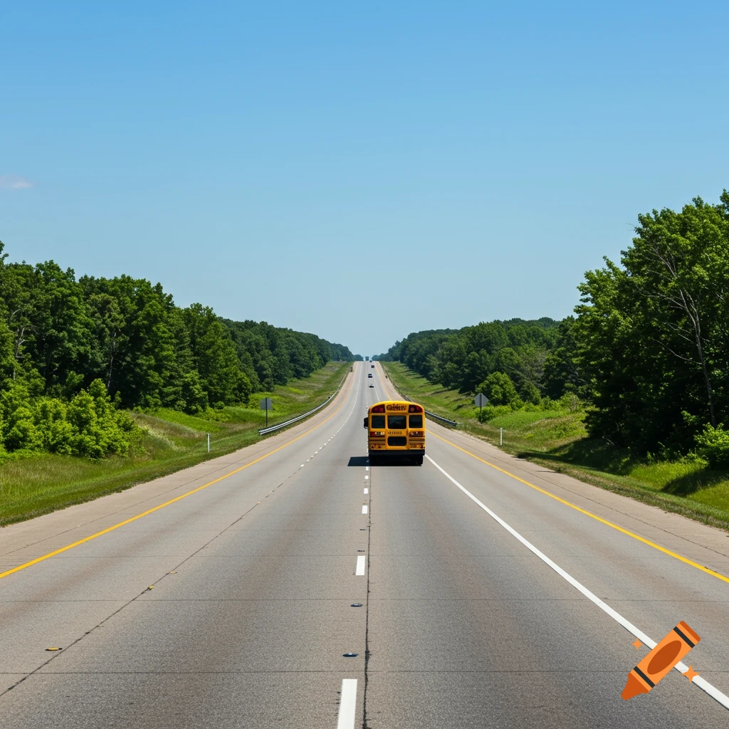 A yellow school bus drives away down a long, straight highway lined with green trees under a clear blue sky.