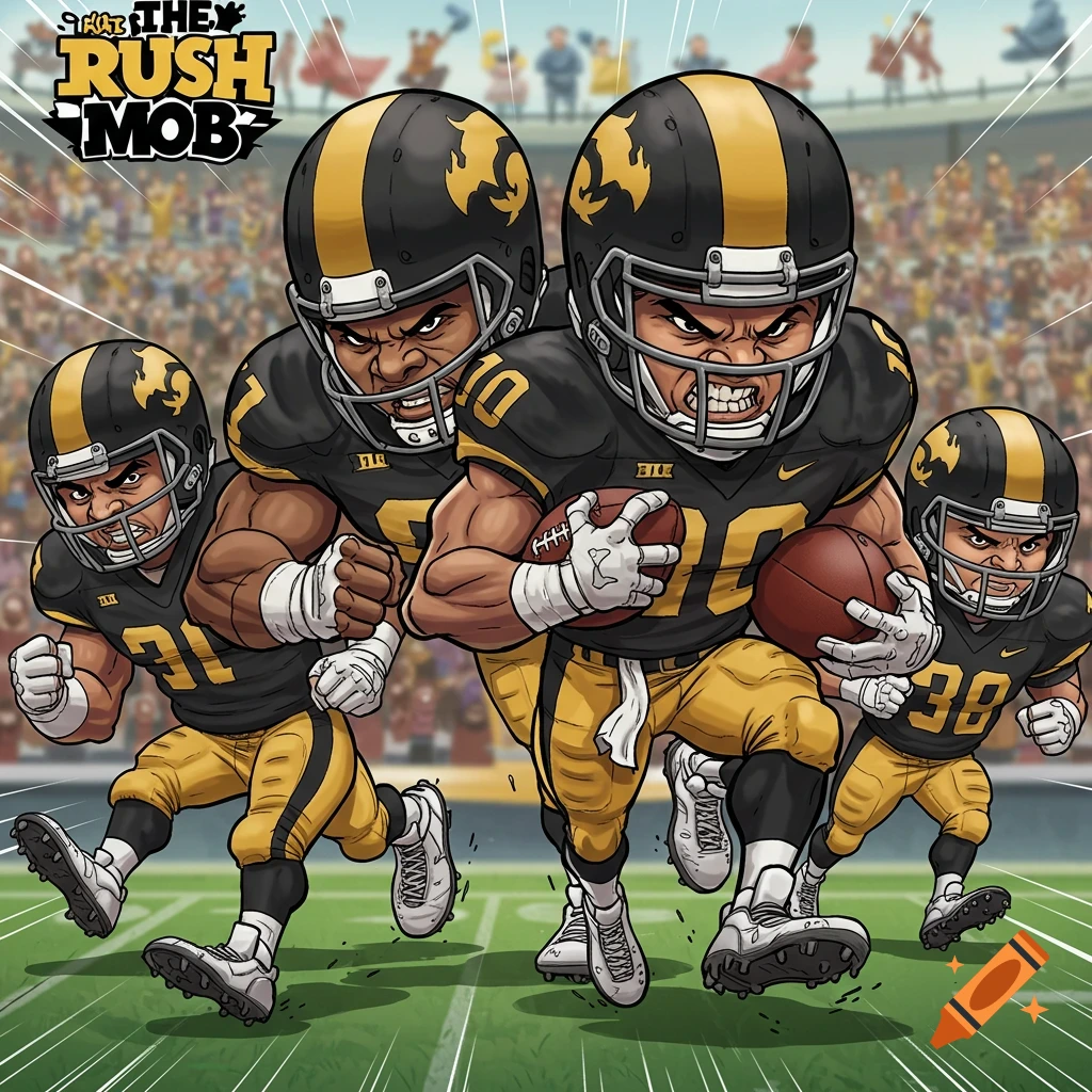 Cartoon illustration of four football players in black and gold uniforms running on a field with a crowd in the background. Text at the top says 'THAT THE RUSH MOB'.