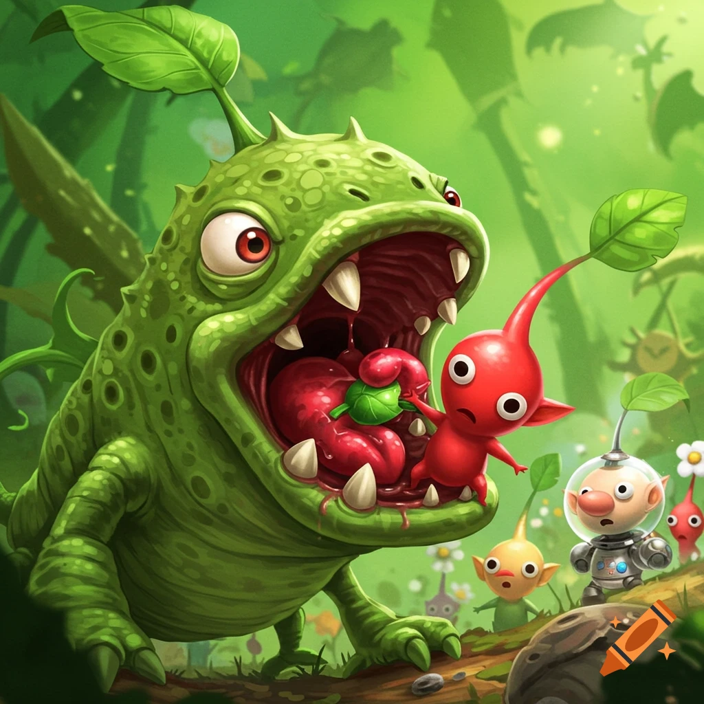 Cartoon illustration of a large green monster eating a red creature in a jungle, other small creatures watch
