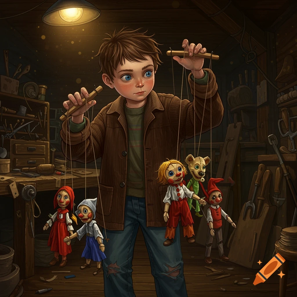 A boy operates several marionette puppets in a dusty workshop, illustrated style.