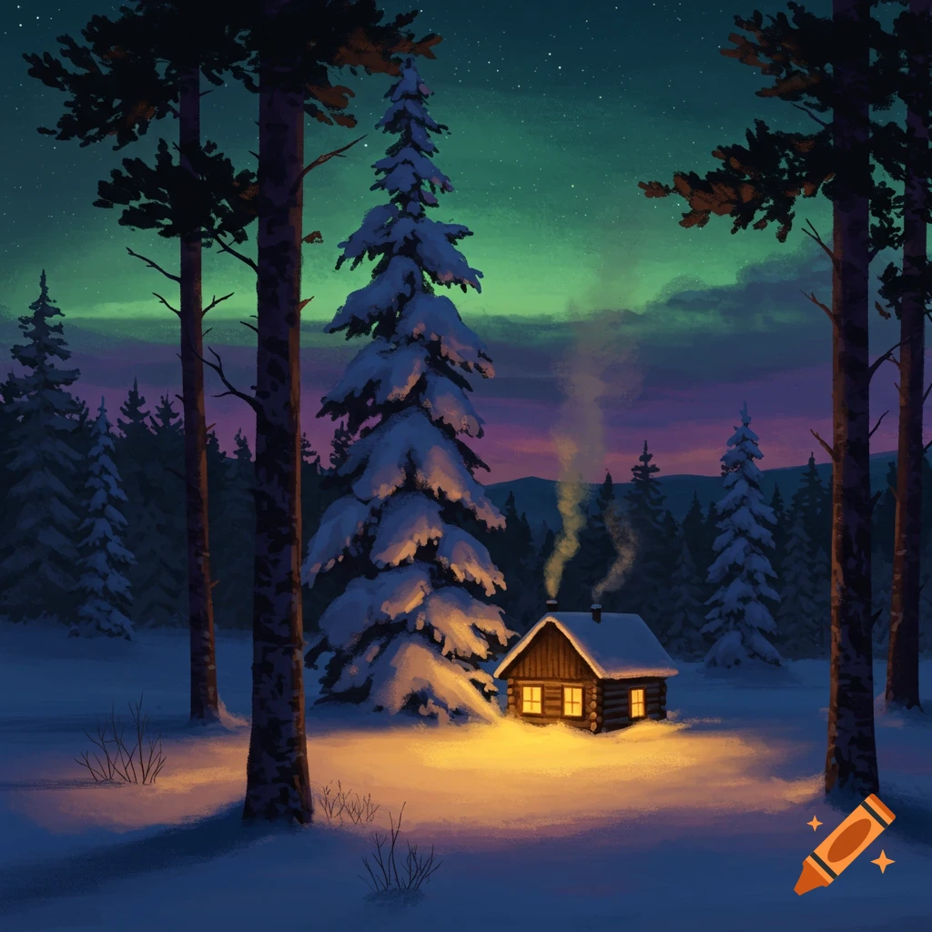 A small cabin glows in a snowy forest under the green and purple Northern Lights at night.