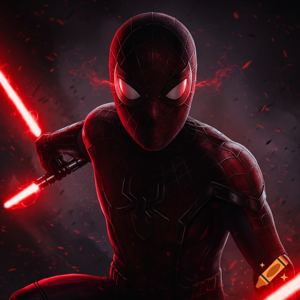 Spider-Man in a dark suit holds two red lightsabers against a dark background.