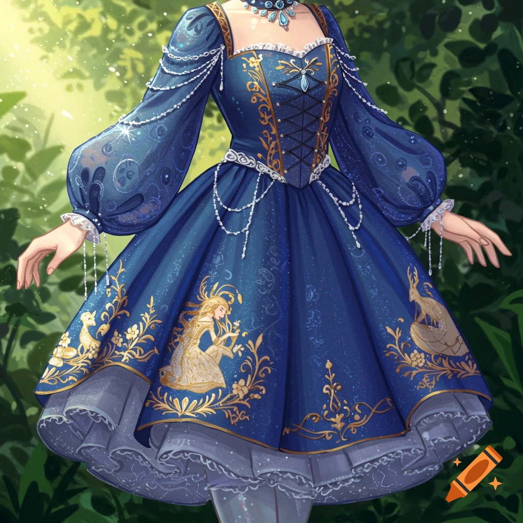 A person wears a blue fairy tale dress with gold embroidery and bead details in a forest.