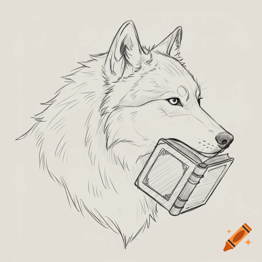 Simple sketch profile of a wolf holding a book in its mouth.