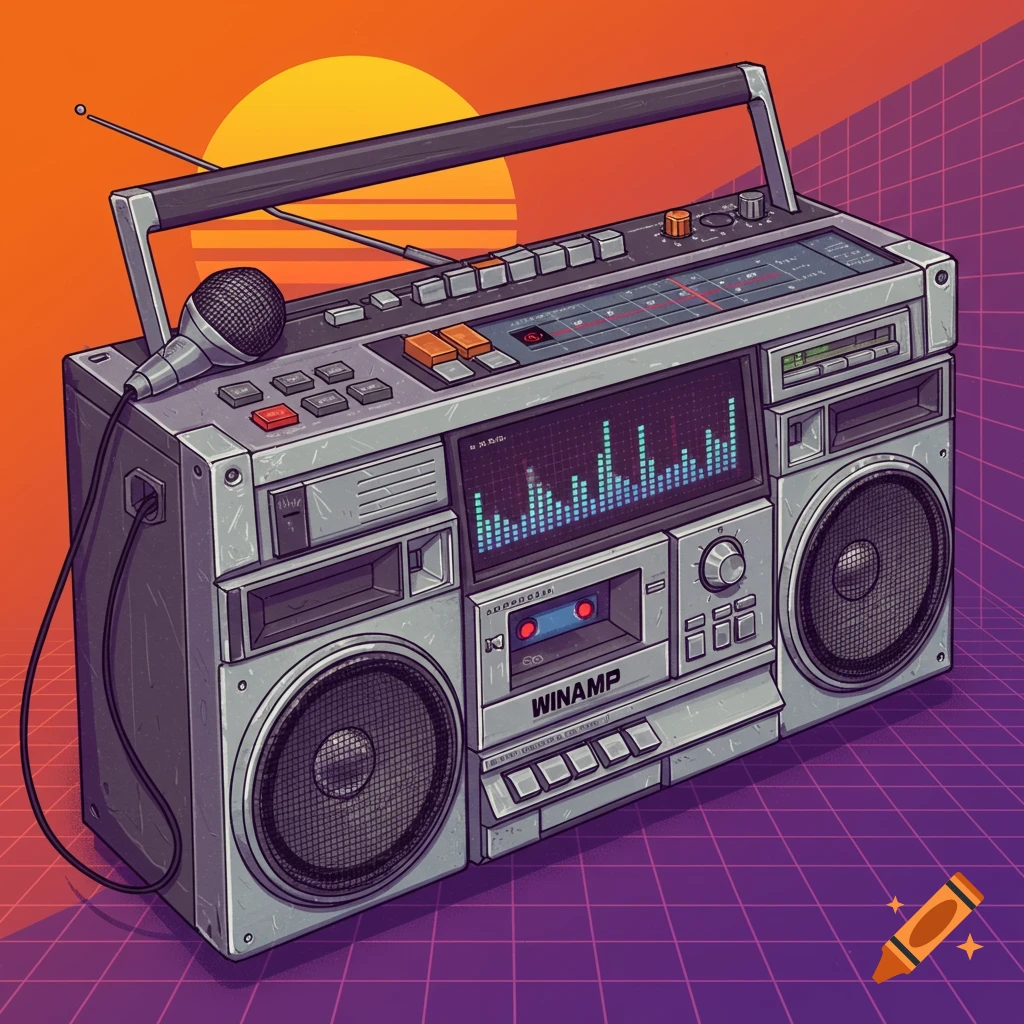 A retro boombox and microphone on a purple grid background with an orange sun.