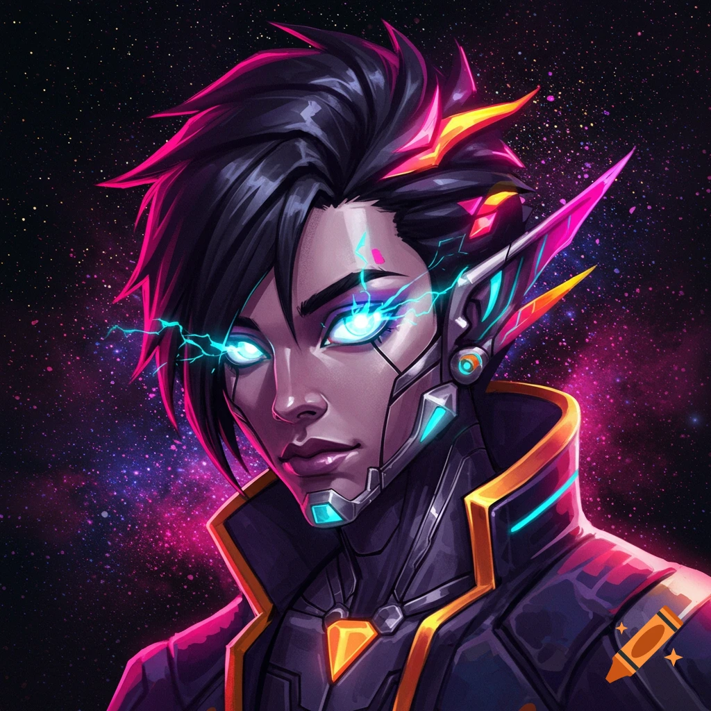 Digital art portrait of a person with glowing cybernetic eyes and features against a starry space background.