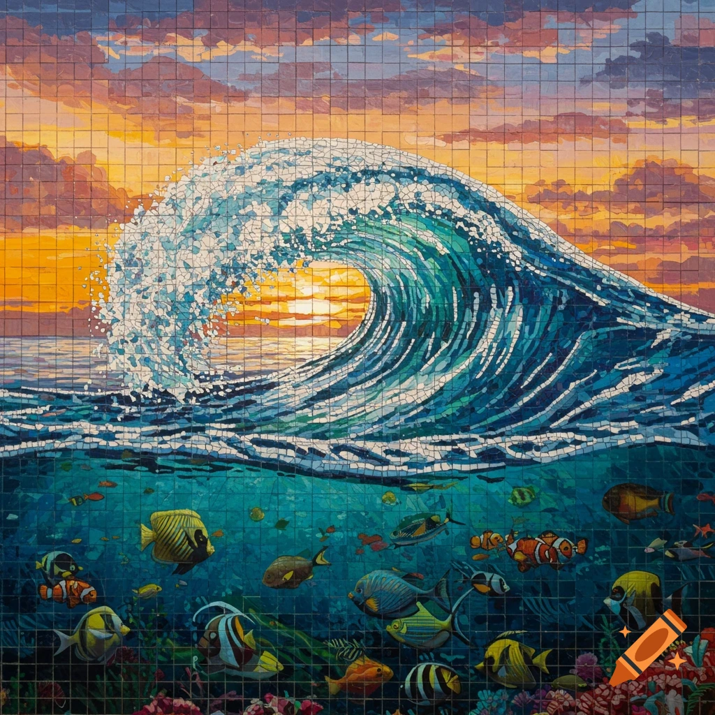 Mosaic mural of a wave with a sunset behind it and many colorful fish swimming underwater.