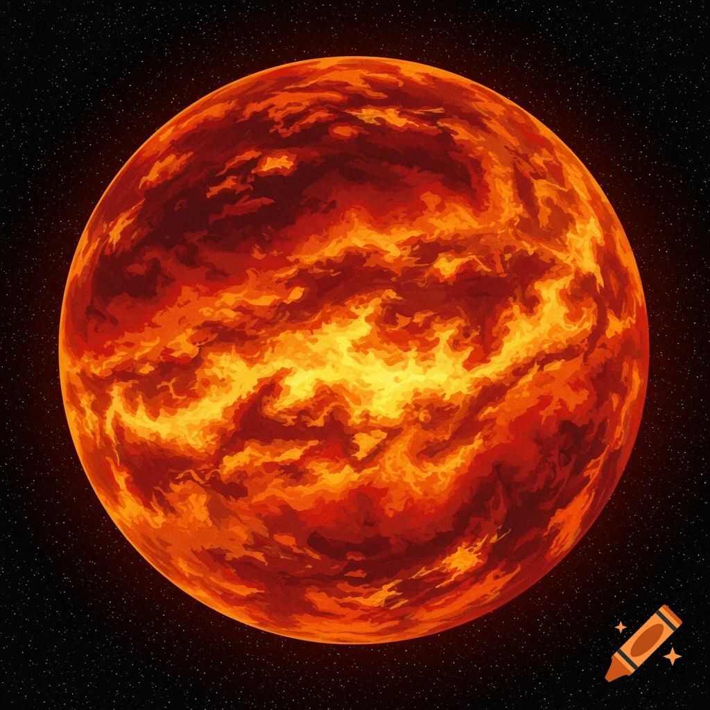 A swirling, fiery planet with a surface of orange and yellow flames set against a dark, starry background.