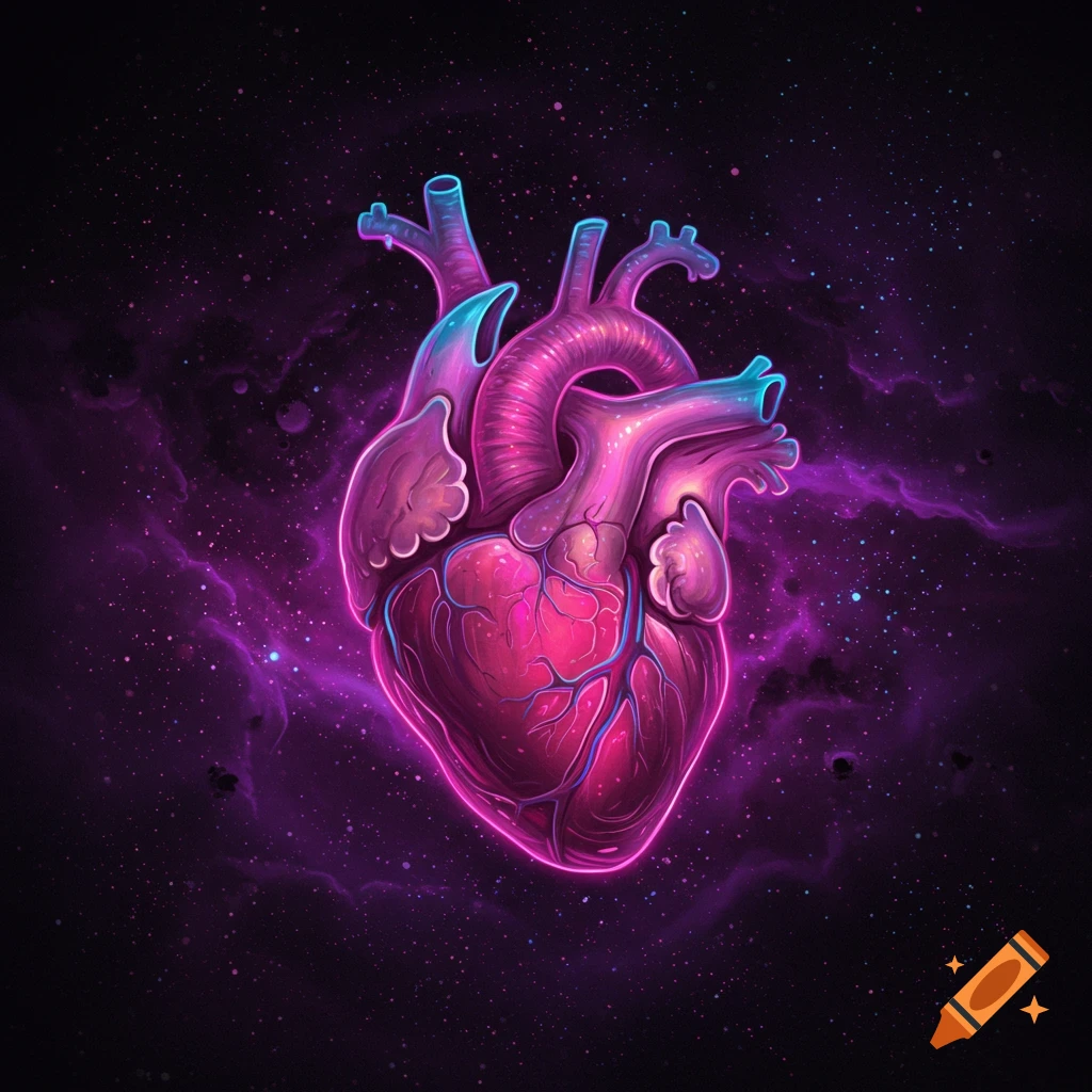 Stylized anatomical heart glowing in pink and blue light against a dark space background with purple nebulae.