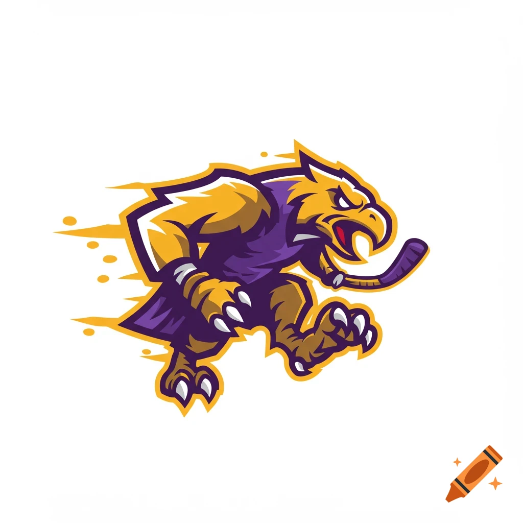 Cartoon logo of a running raptor holding a hockey stick.