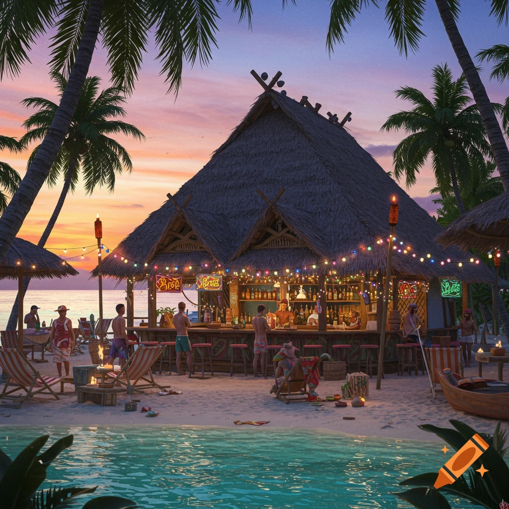 Tropical beach bar at sunset with people relaxing on the sand