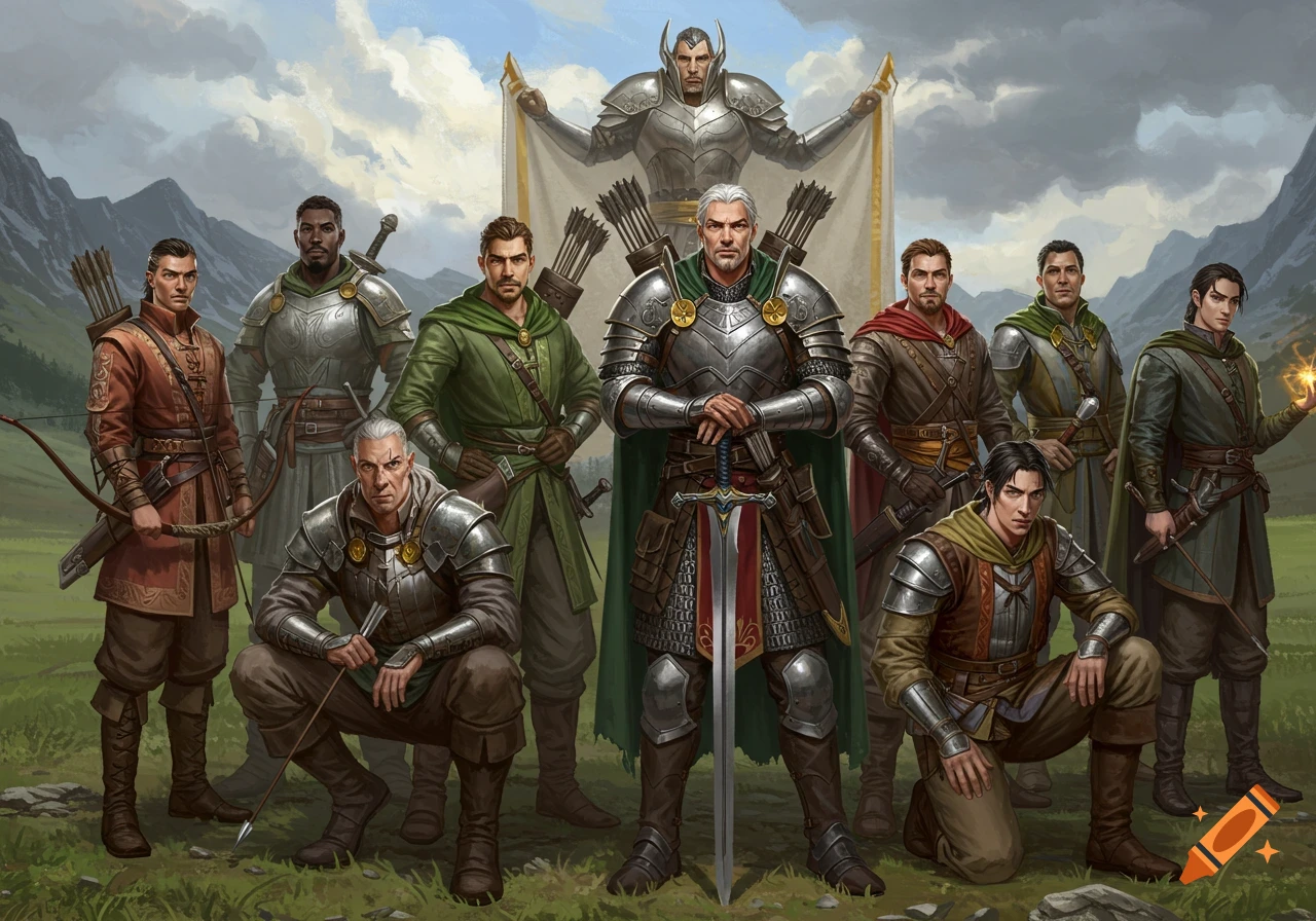 A group of nine fantasy warriors including archers, mages, and knights pose together in an outdoor landscape.