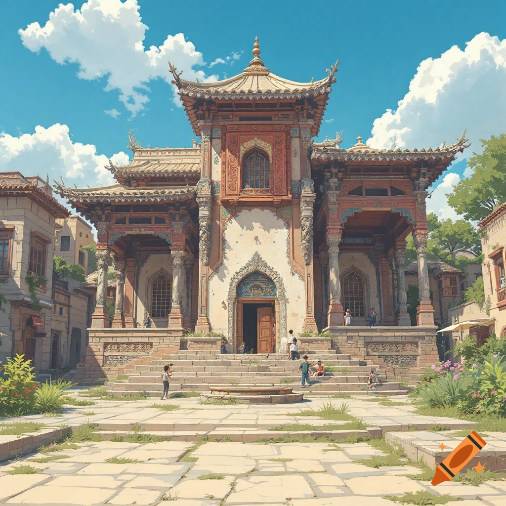 Illustration of an ornate Asian-style building with steps, courtyard, people, trees, and cloudy sky.