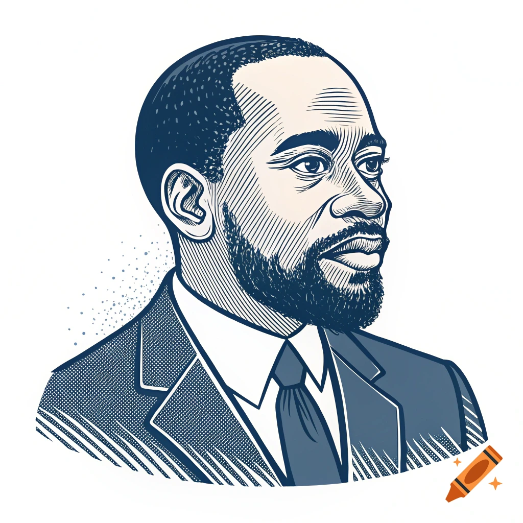 Stylized illustration of a man with a beard wearing a suit and tie, looking to the right.