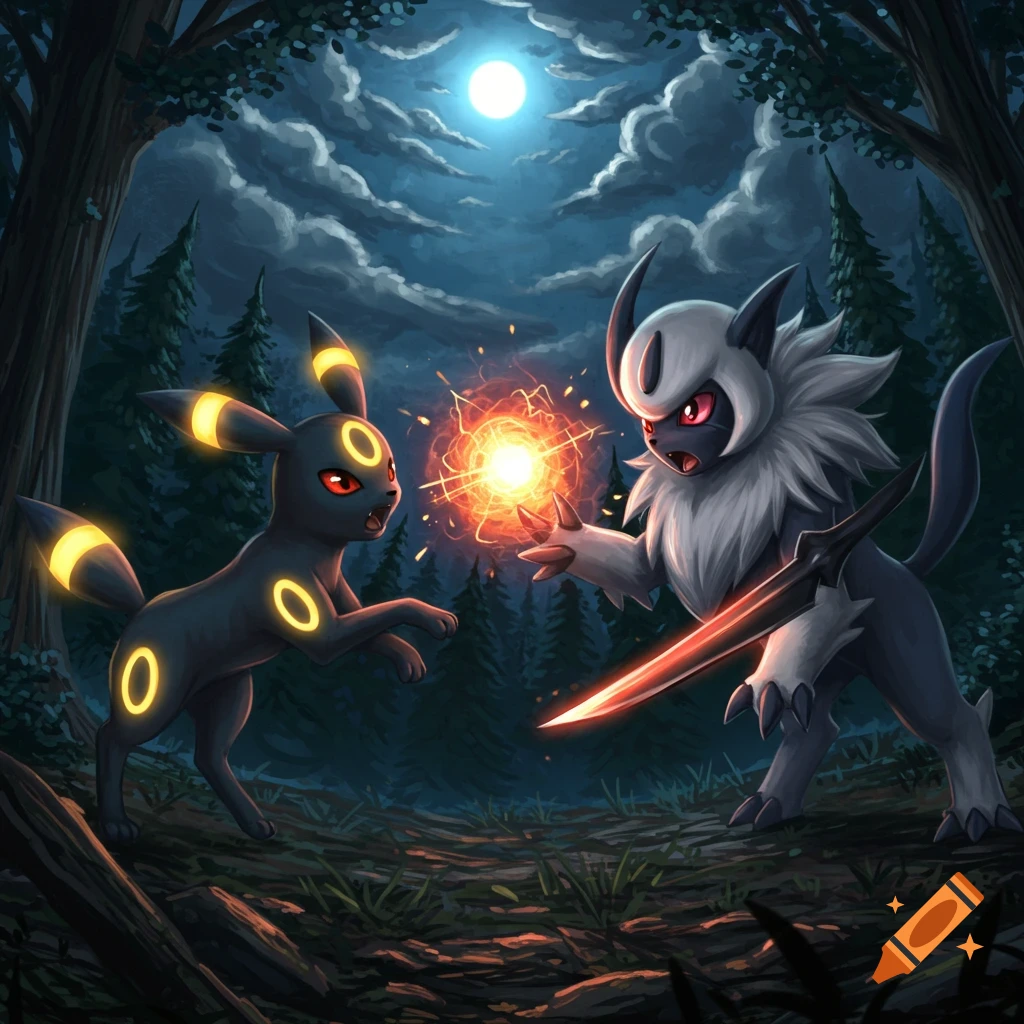 Umbreon and Absol battle in a dark forest under a full moon.