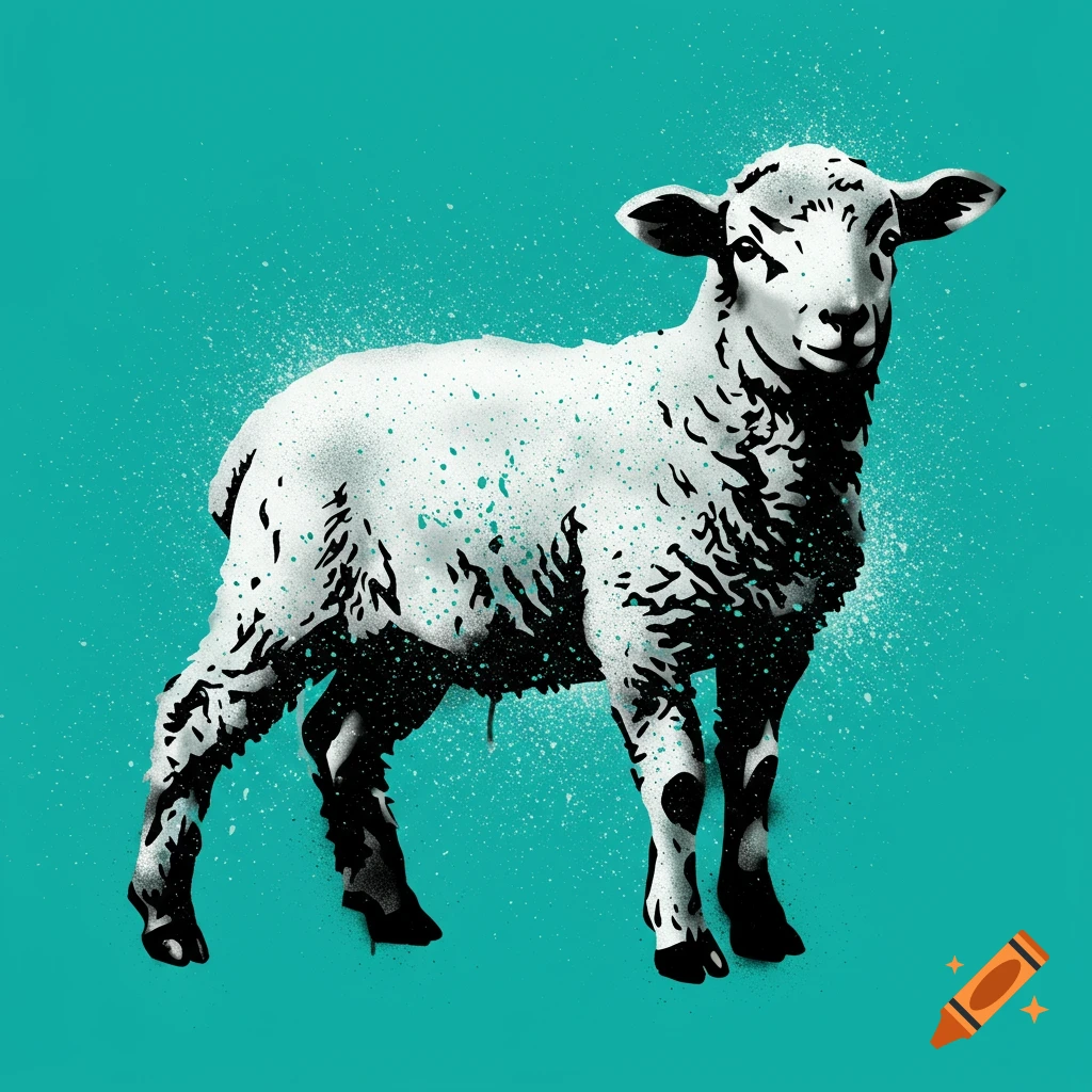 A black and white stencil art graphic of a lamb splattered with blue paint on a blue background.