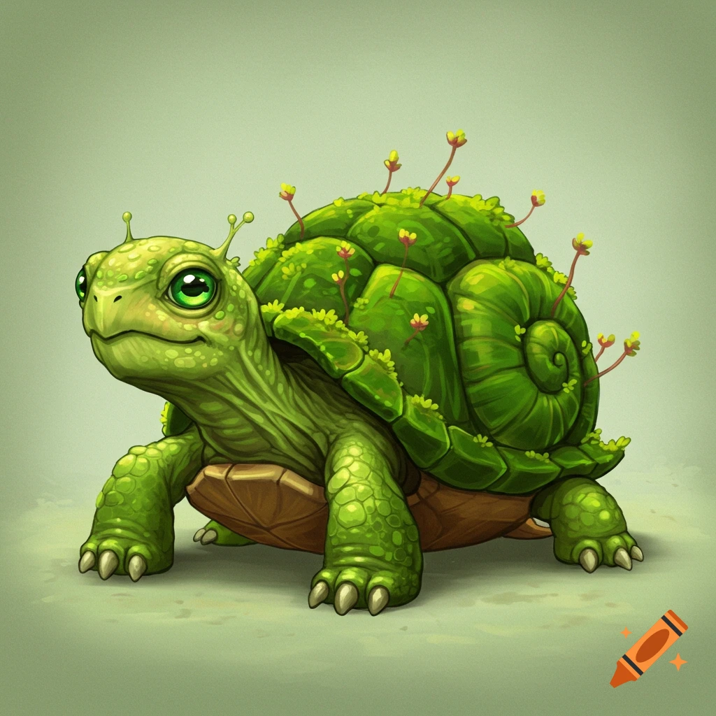 Cartoon illustration of a green creature, a mix of turtle and snail, with moss and flowers on its shell.