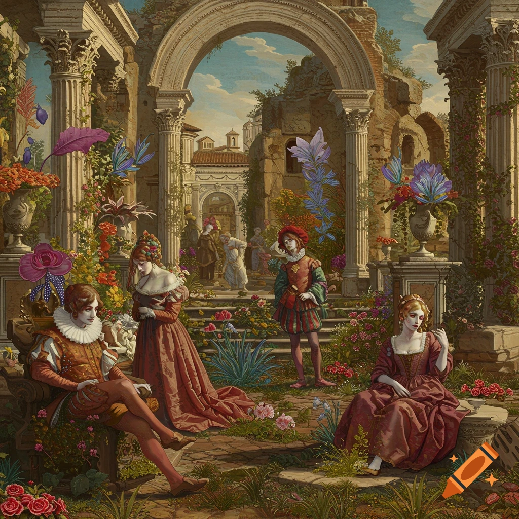 Figures in historical dress in a ruined garden with flowers, painting style