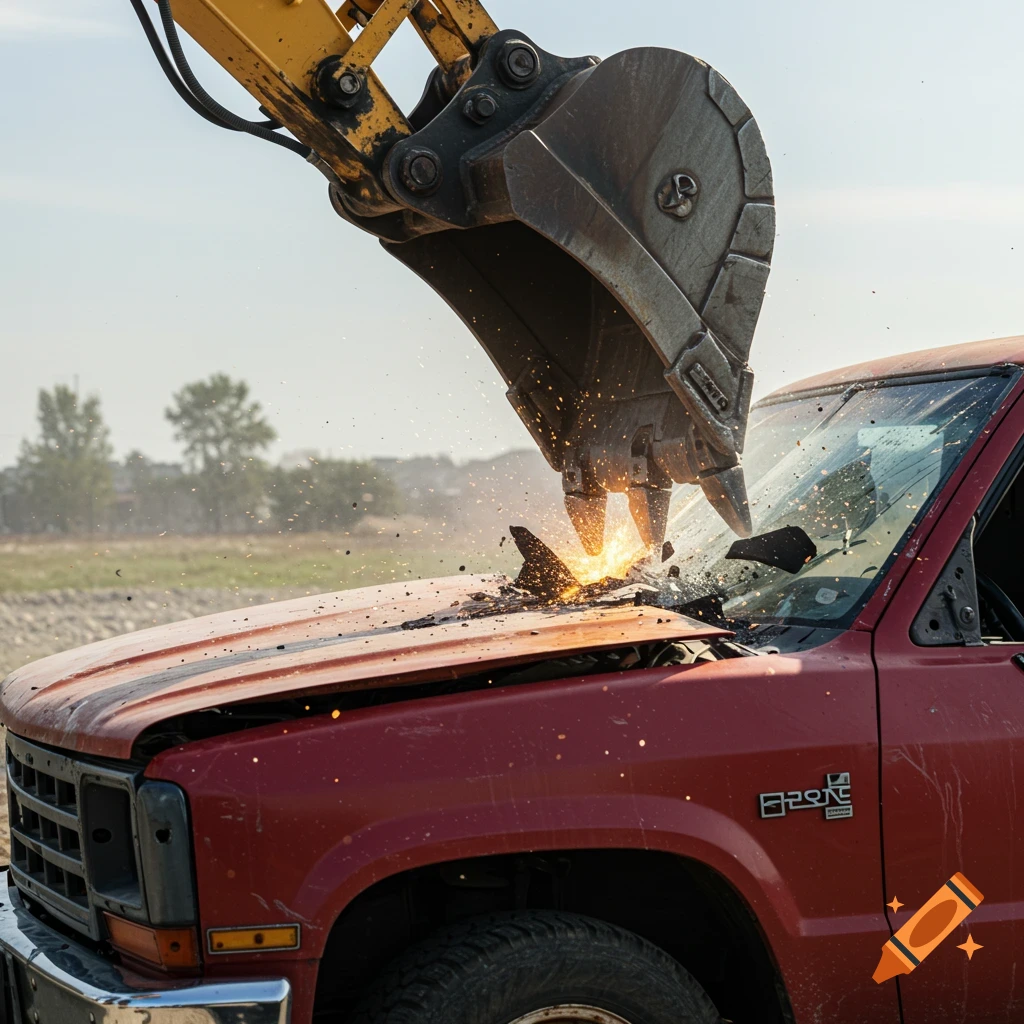 An excavator bucket smashes the hood of a red pickup truck, scattering sparks and debris.