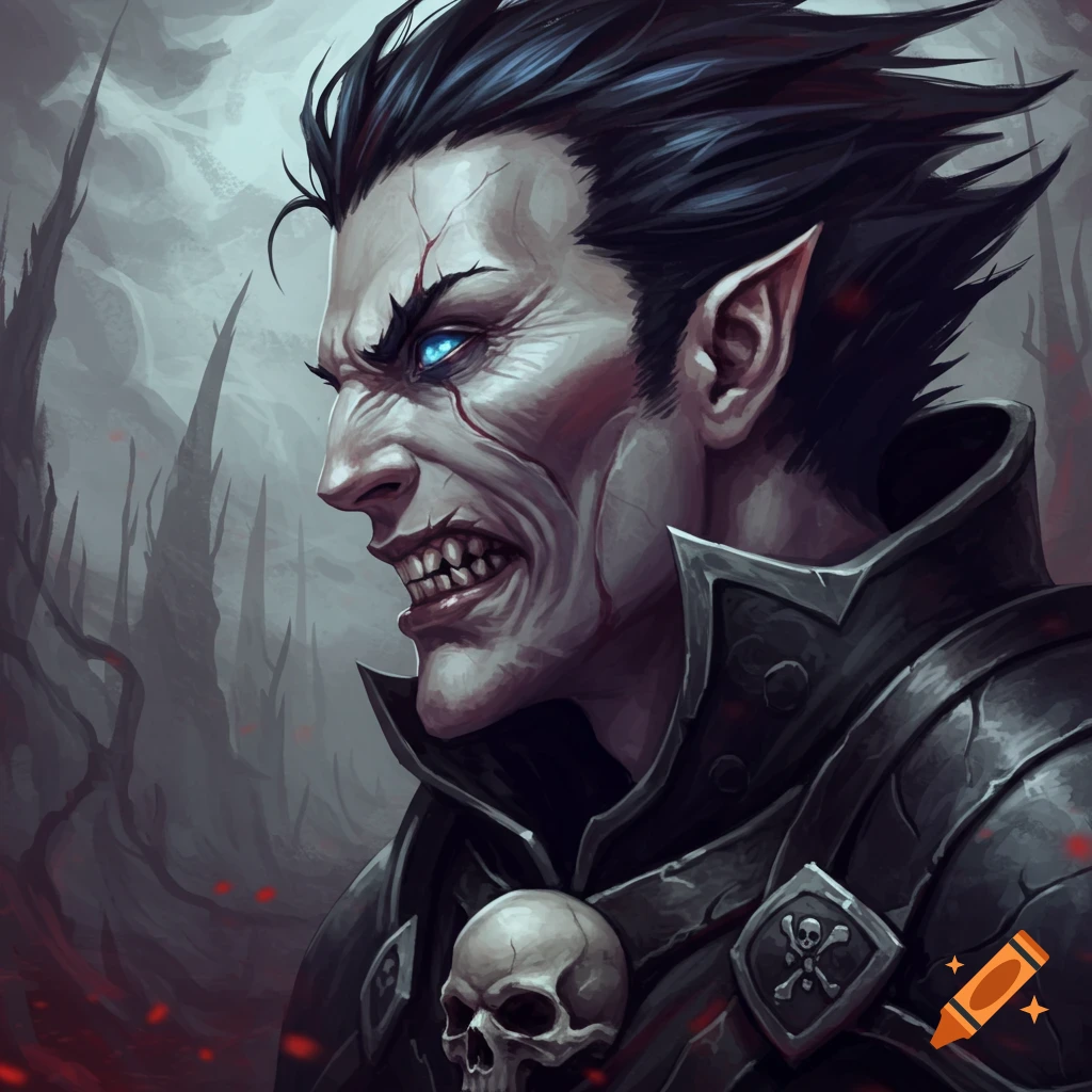Dark fantasy profile picture of a snarling vampire or creature in armor with glowing blue eyes.